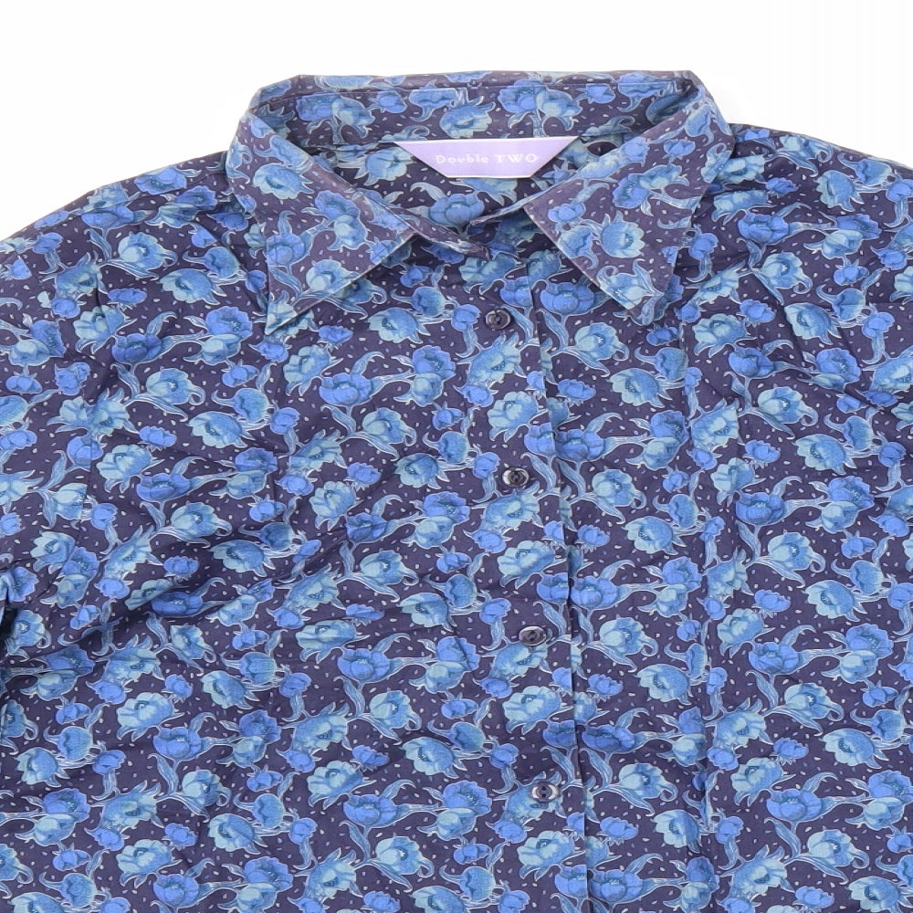 Double TWO Womens Blue Floral 100% Cotton Basic Button-Up Size 10 Collared