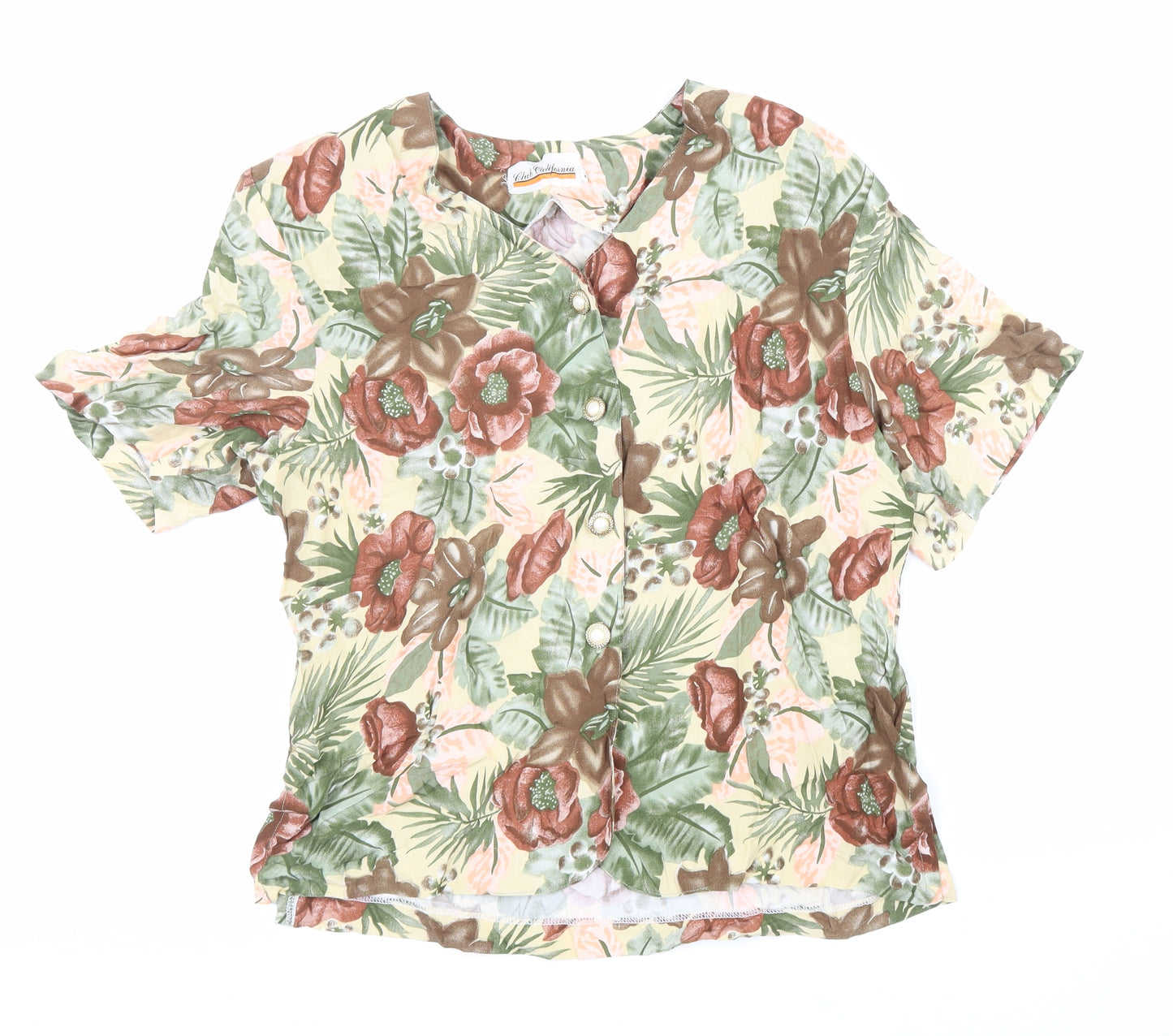 Club California Womens Beige Floral Viscose Basic Button-Up Size M V-Neck