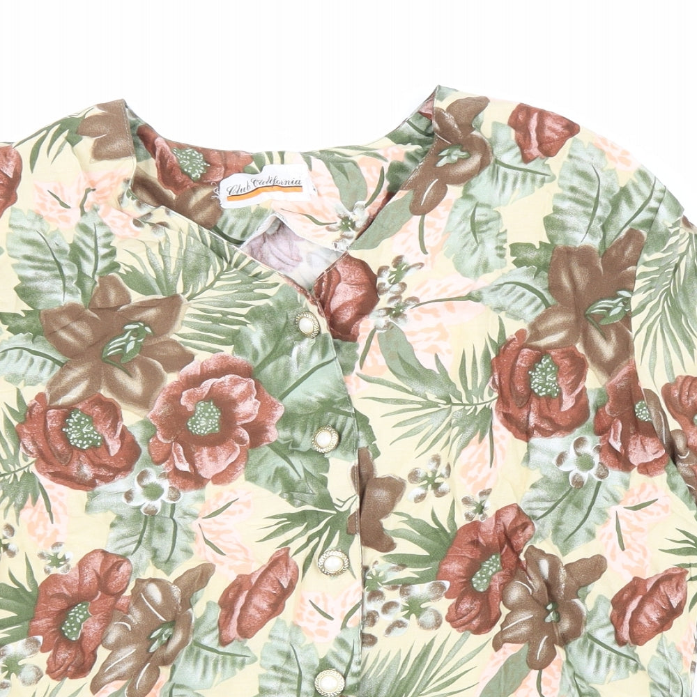 Club California Womens Beige Floral Viscose Basic Button-Up Size M V-Neck