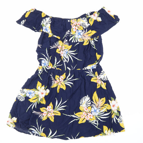 Preworn Womens Blue Floral Viscose Fit & Flare Size L Off the Shoulder Button
