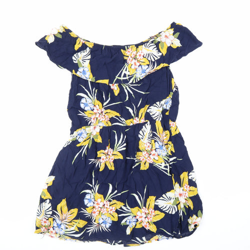 Preworn Womens Blue Floral Viscose Fit & Flare Size L Off the Shoulder Button