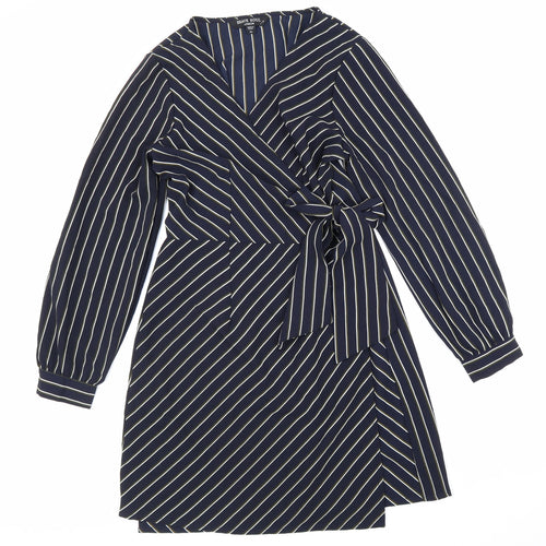 Brave Soul Womens Blue Striped Polyester Wrap Dress Size M V-Neck Tie
