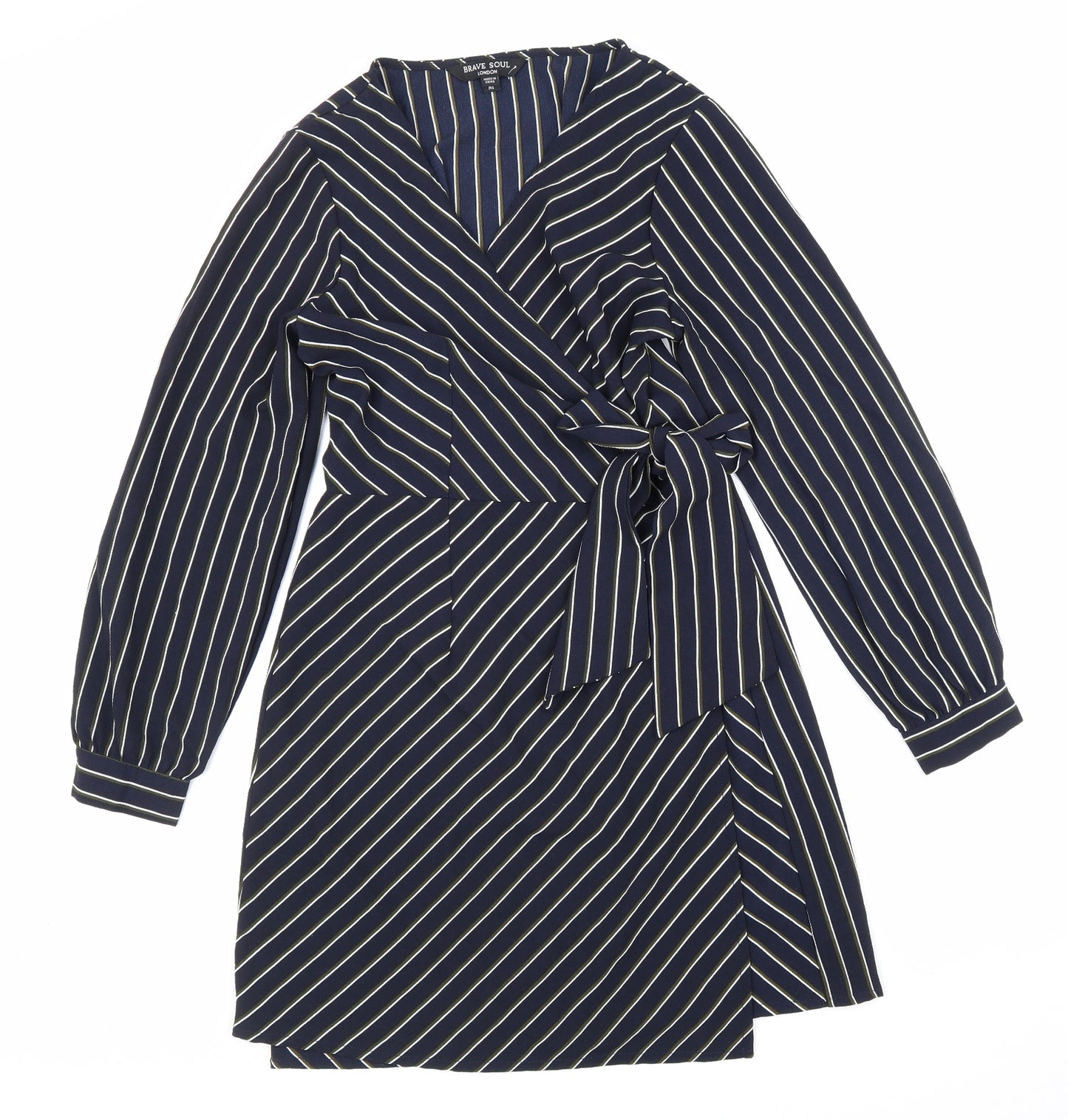 Brave Soul Womens Blue Striped Polyester Wrap Dress Size M V-Neck Tie