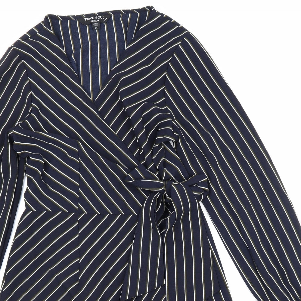 Brave Soul Womens Blue Striped Polyester Wrap Dress Size M V-Neck Tie