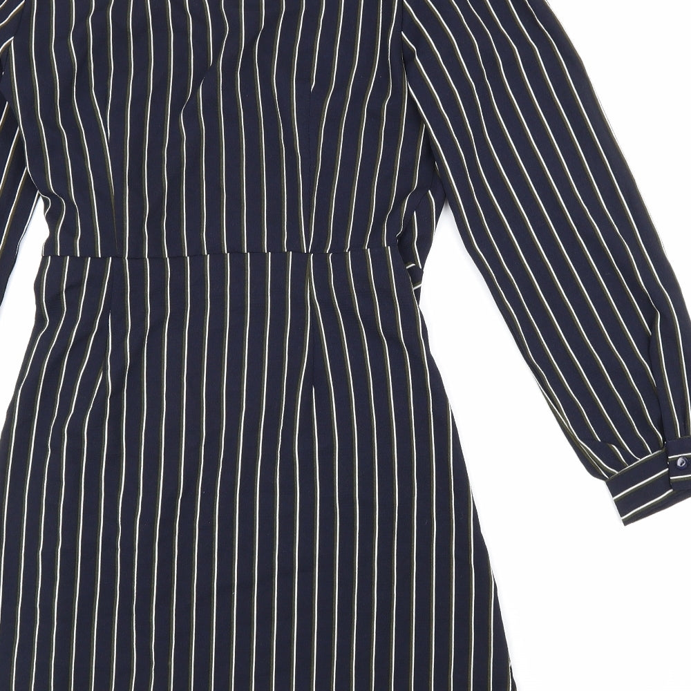 Brave Soul Womens Blue Striped Polyester Wrap Dress Size M V-Neck Tie