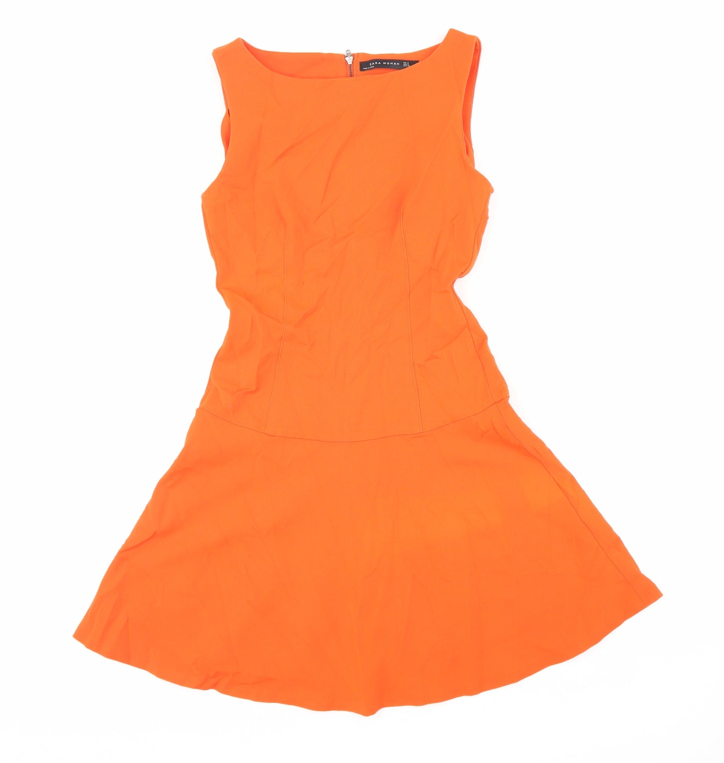 Zara Womens Orange Cotton Fit & Flare Size S Boat Neck Zip