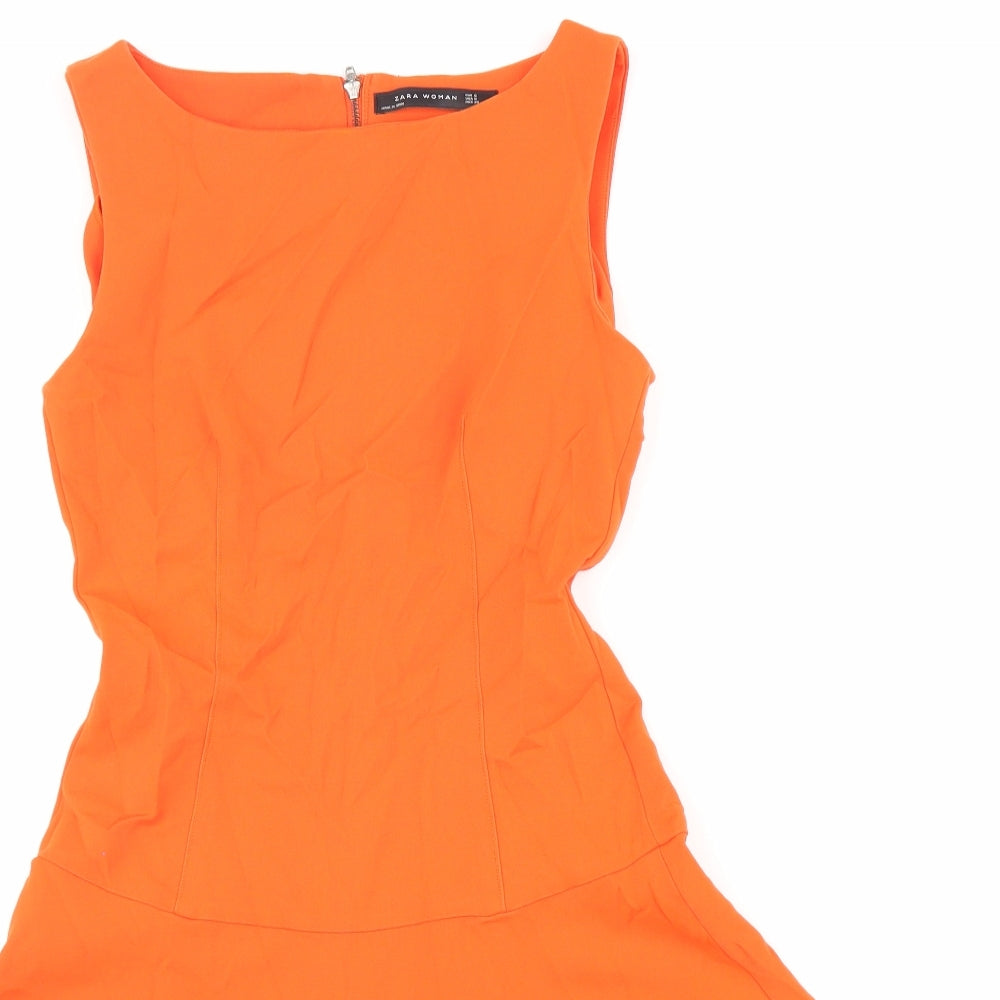 Zara Womens Orange Cotton Fit & Flare Size S Boat Neck Zip