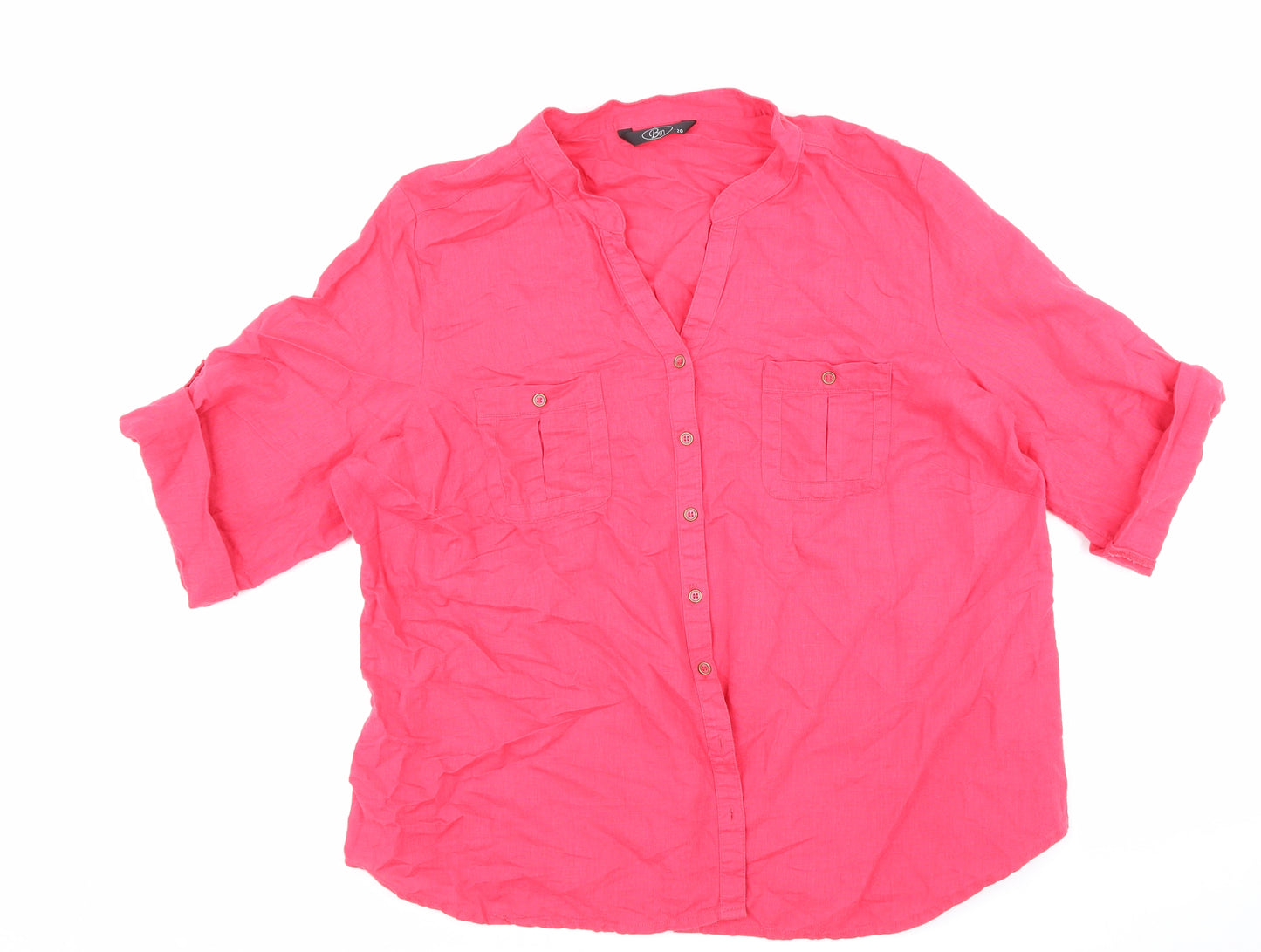 BM Womens Pink Linen Basic Blouse Size 20 V-Neck