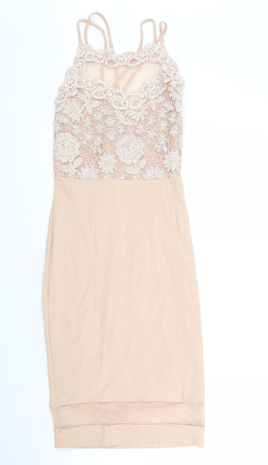 Front view of River Island women’s pink floral nylon ball gown, size UK 8, round neck zip