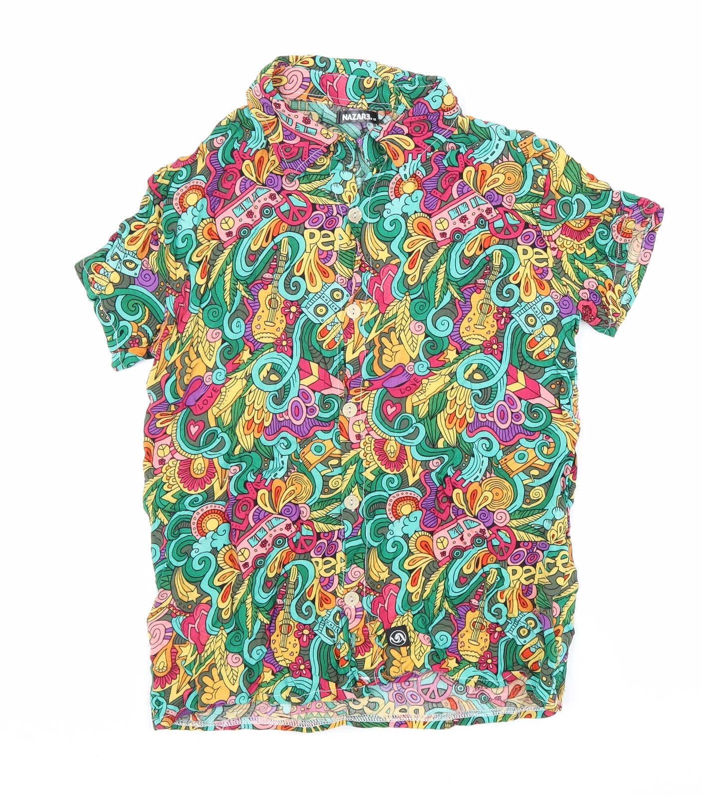 NAZARE Womens Multicoloured Geometric Linen Basic Button-Up Size 12 Collared - Hippy Print