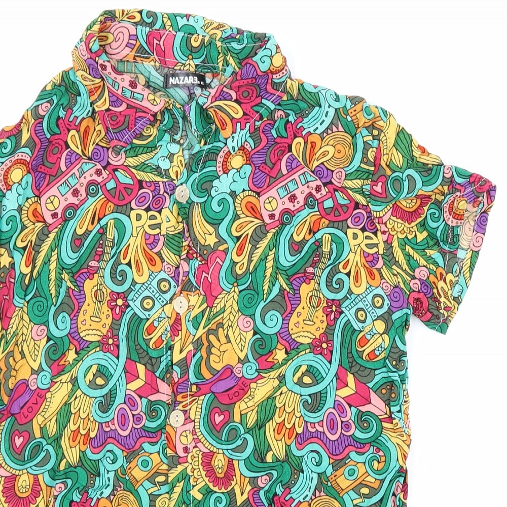 NAZARE Womens Multicoloured Geometric Linen Basic Button-Up Size 12 Collared - Hippy Print