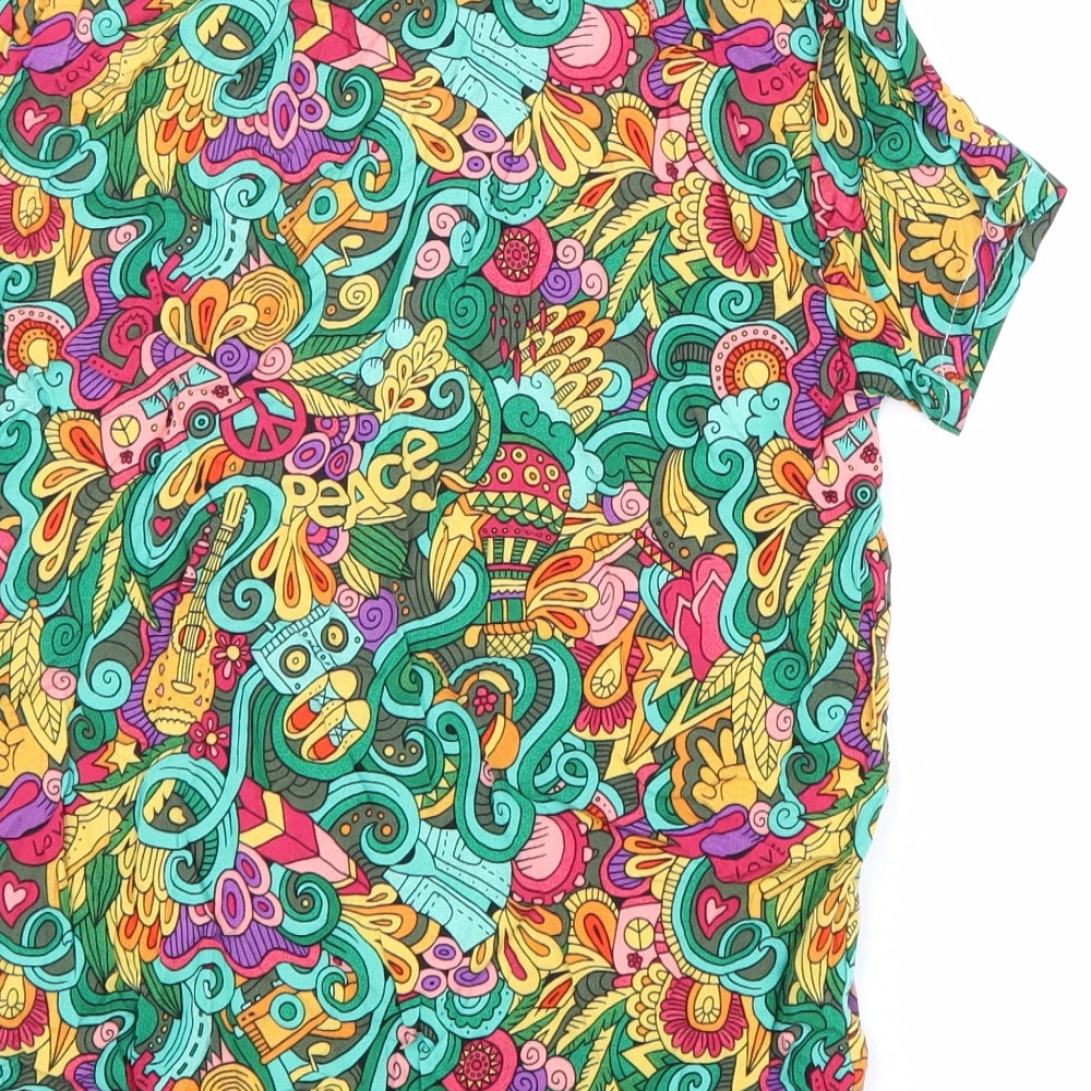 NAZARE Womens Multicoloured Geometric Linen Basic Button-Up Size 12 Collared - Hippy Print