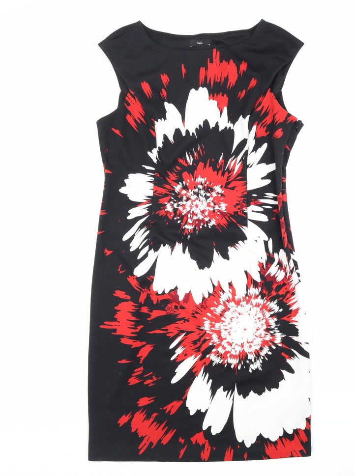 M&Co Womens Black Floral Polyester Sheath Size 12 Round Neck Zip