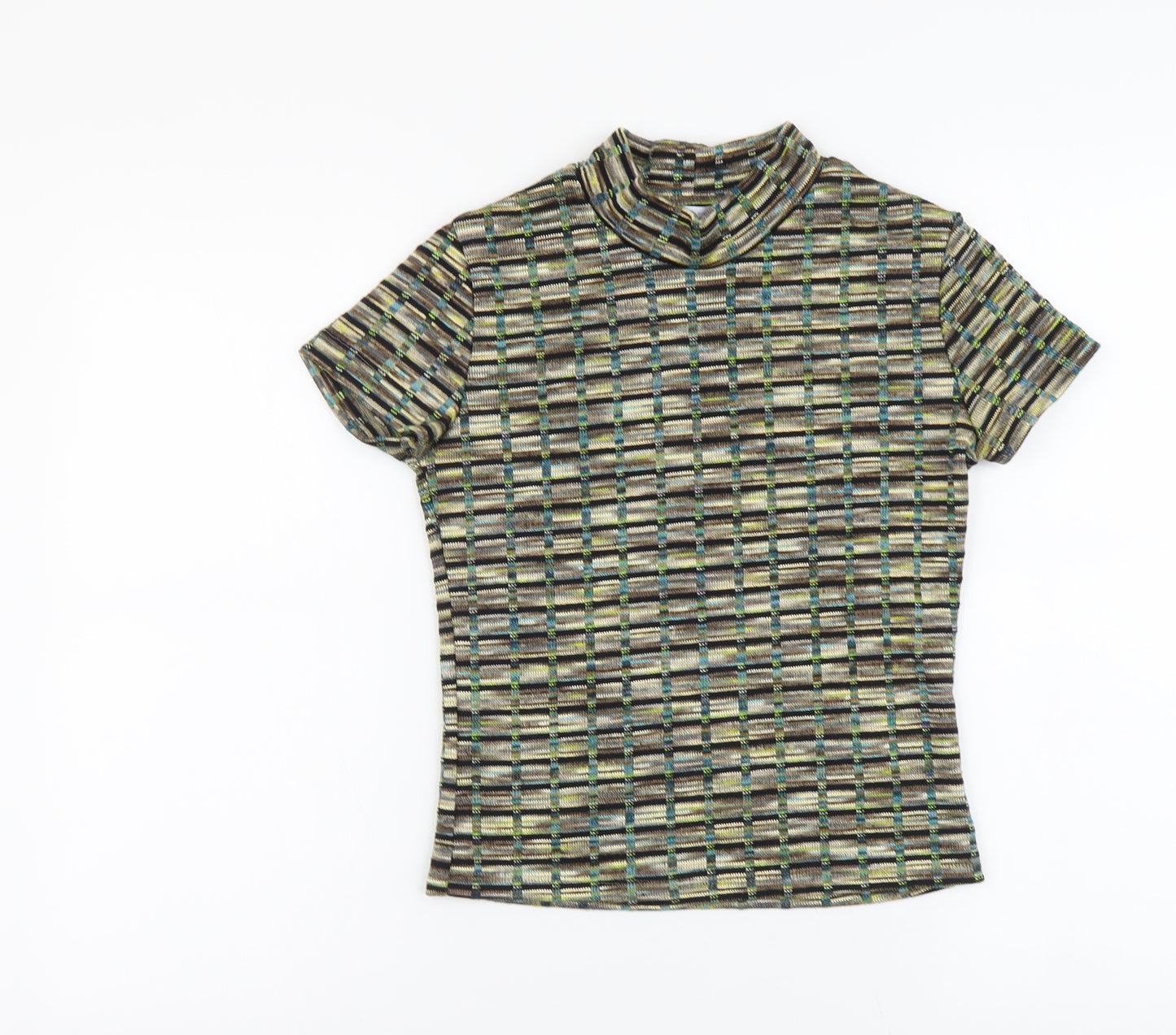 Zara Womens Green Geometric Polyester Basic T-Shirt Size S Mock Neck