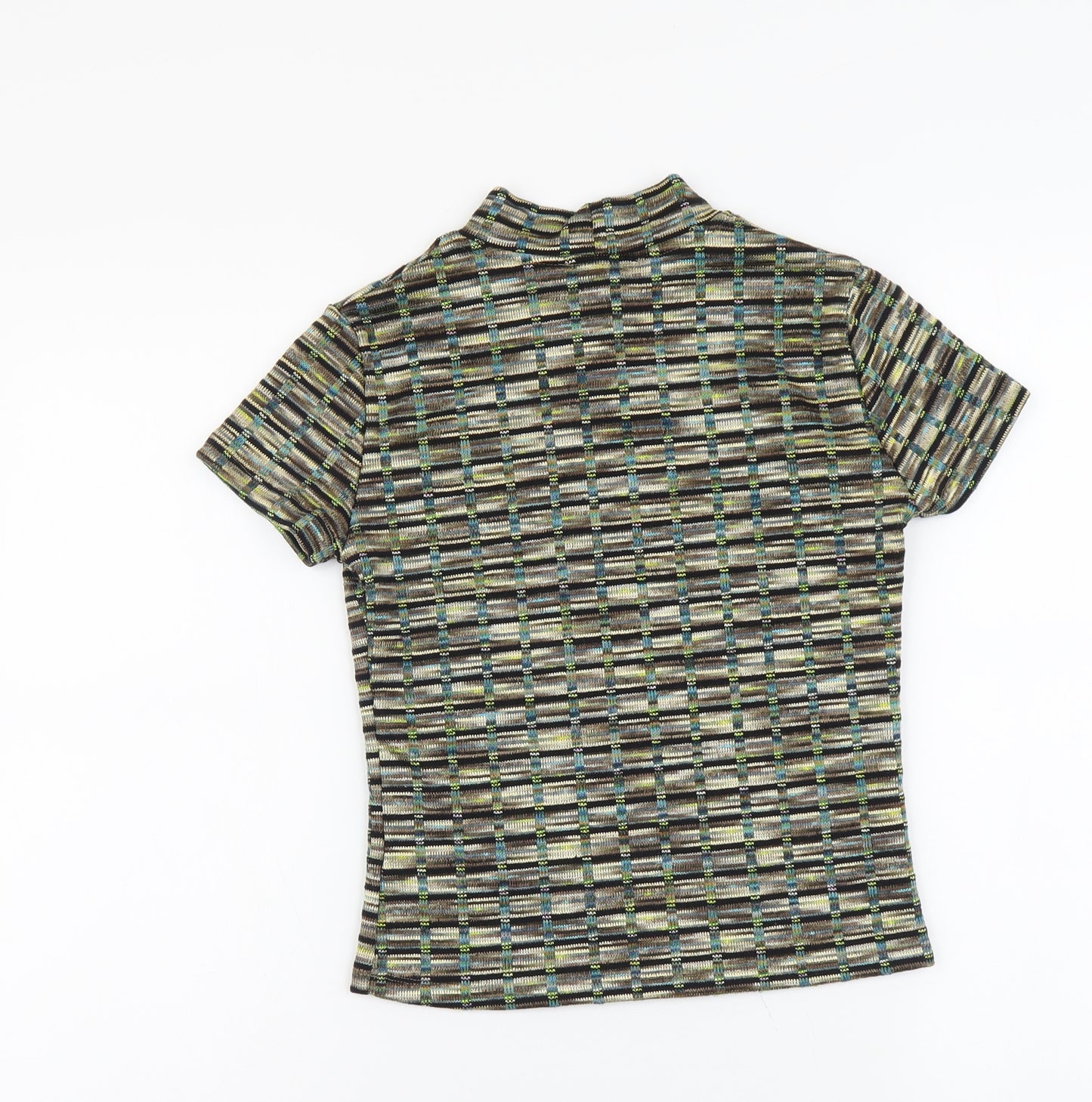 Zara Womens Green Geometric Polyester Basic T-Shirt Size S Mock Neck