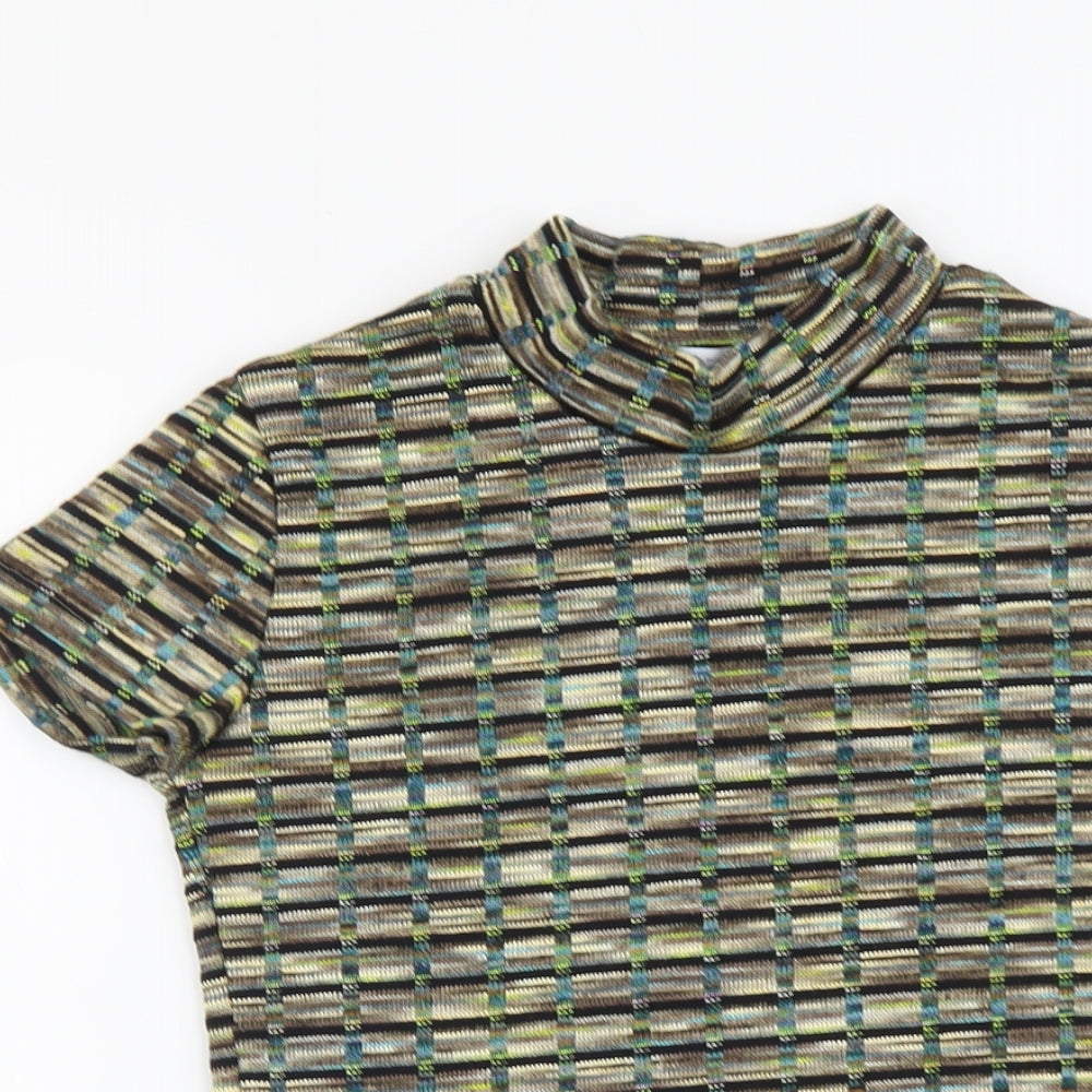 Zara Womens Green Geometric Polyester Basic T-Shirt Size S Mock Neck