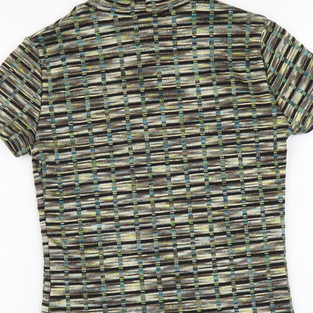 Zara Womens Green Geometric Polyester Basic T-Shirt Size S Mock Neck