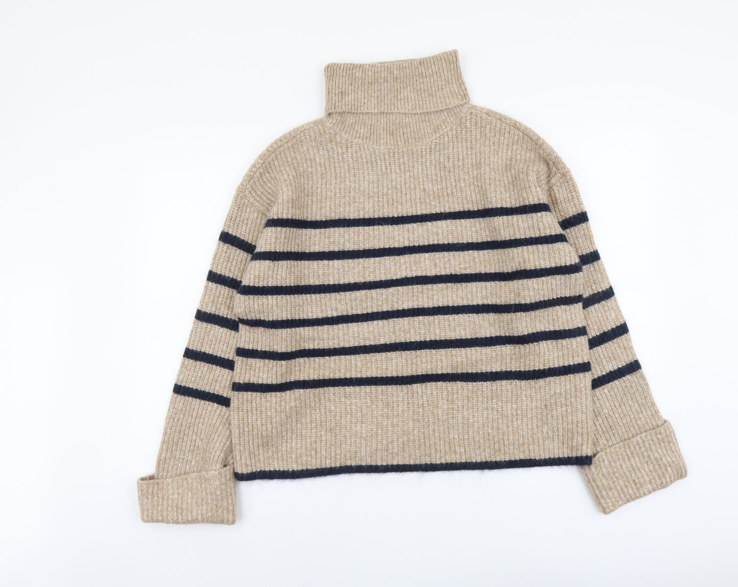 Marks and Spencer Womens Beige Roll Neck Striped Polyamide Pullover Jumper Size M