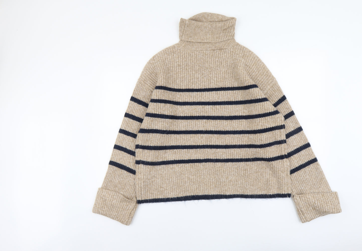 Marks and Spencer Womens Beige Roll Neck Striped Polyamide Pullover Jumper Size M
