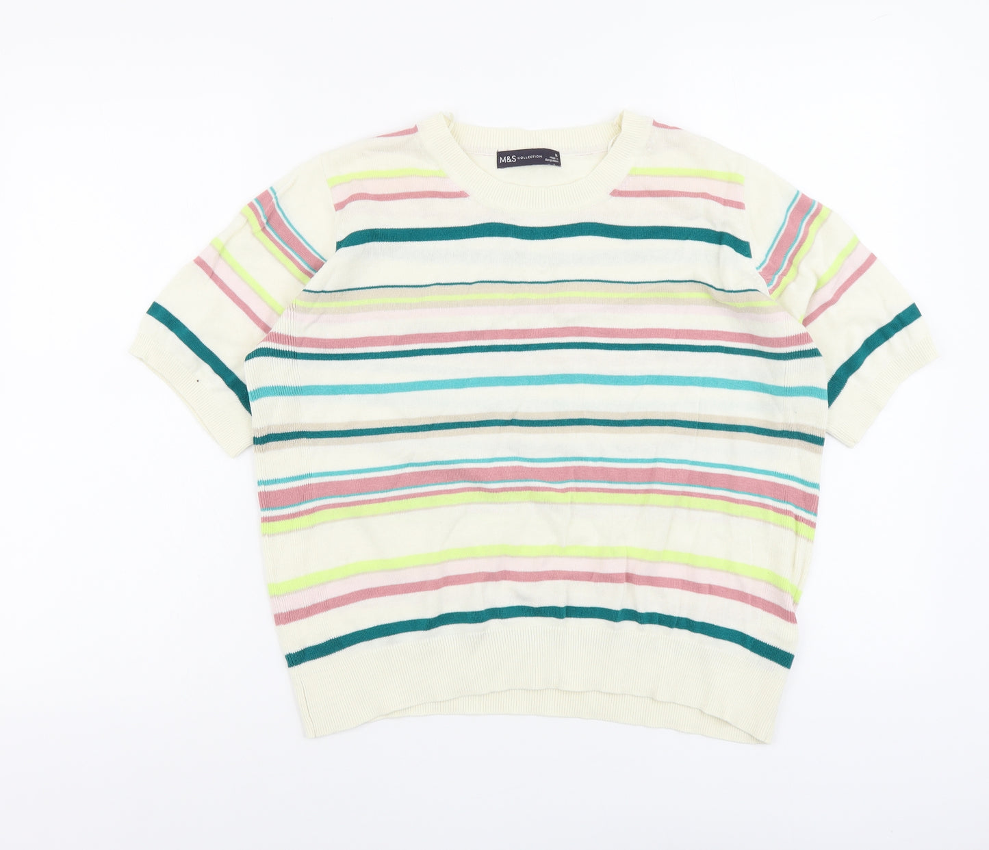 Marks and Spencer Womens Multicoloured Round Neck Striped Cotton Pullover Jumper Size 16