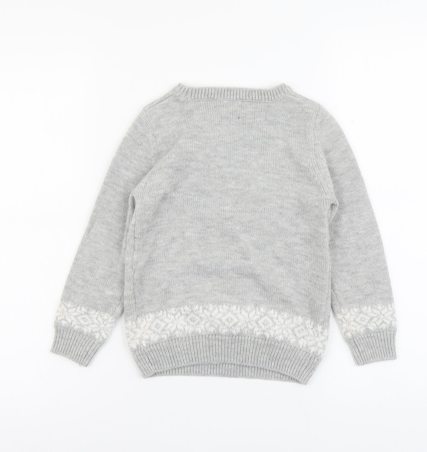 F&F Girls Grey Round Neck Acrylic Pullover Jumper Size 6-7 Years Pullover - Christmas
