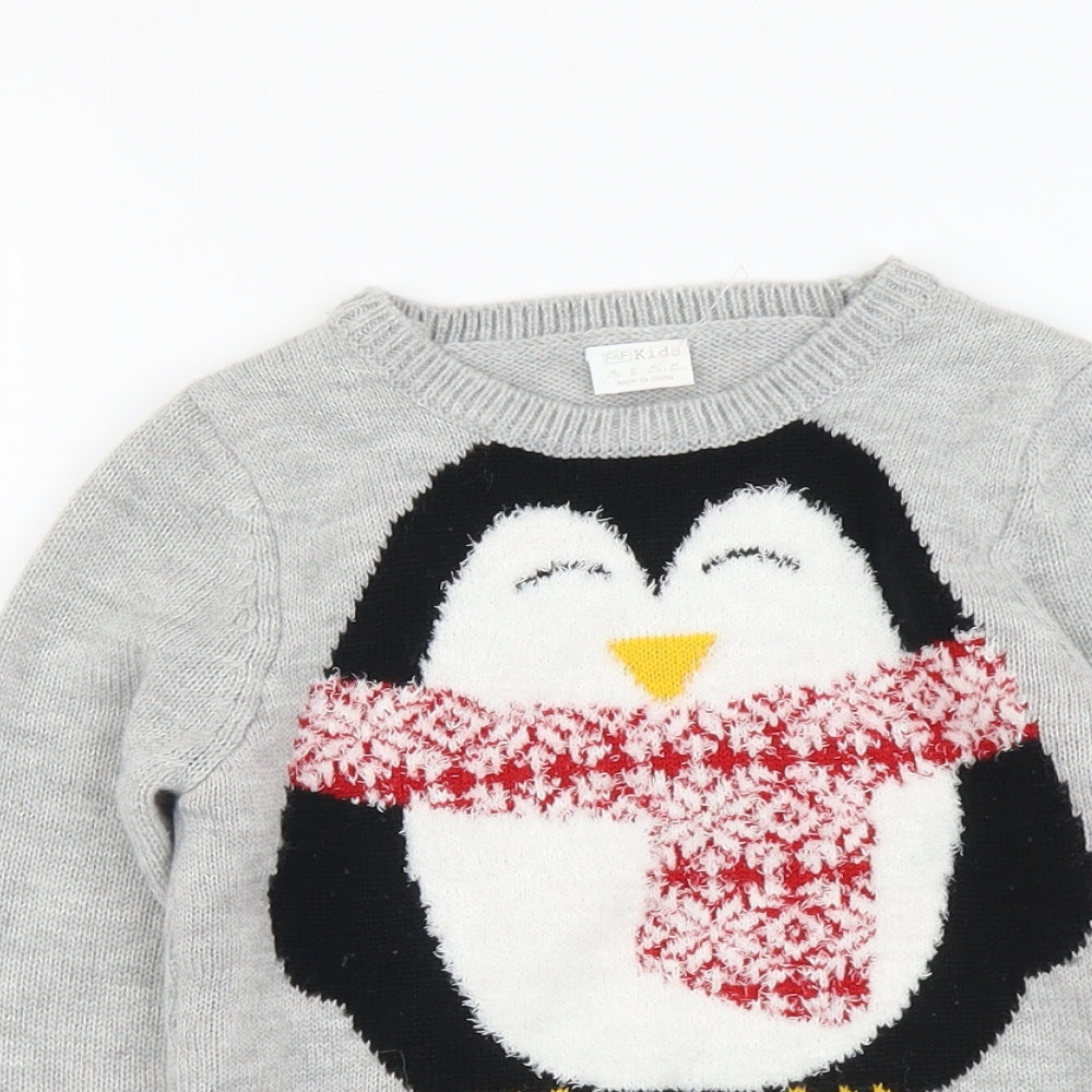 F&F Girls Grey Round Neck Acrylic Pullover Jumper Size 6-7 Years Pullover - Christmas