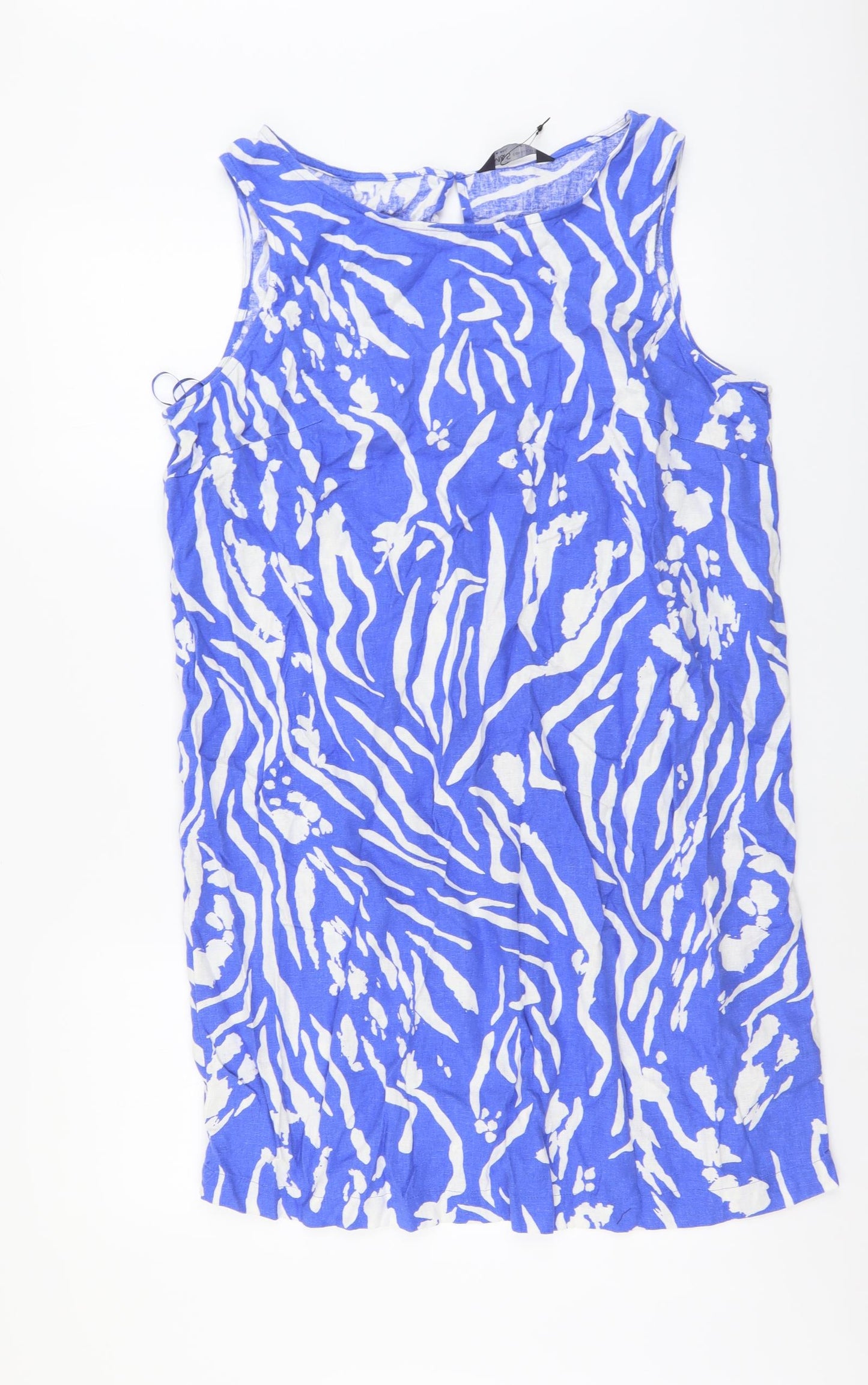 Marks and Spencer Womens Blue Geometric Linen A-Line Size 16 Round Neck Button
