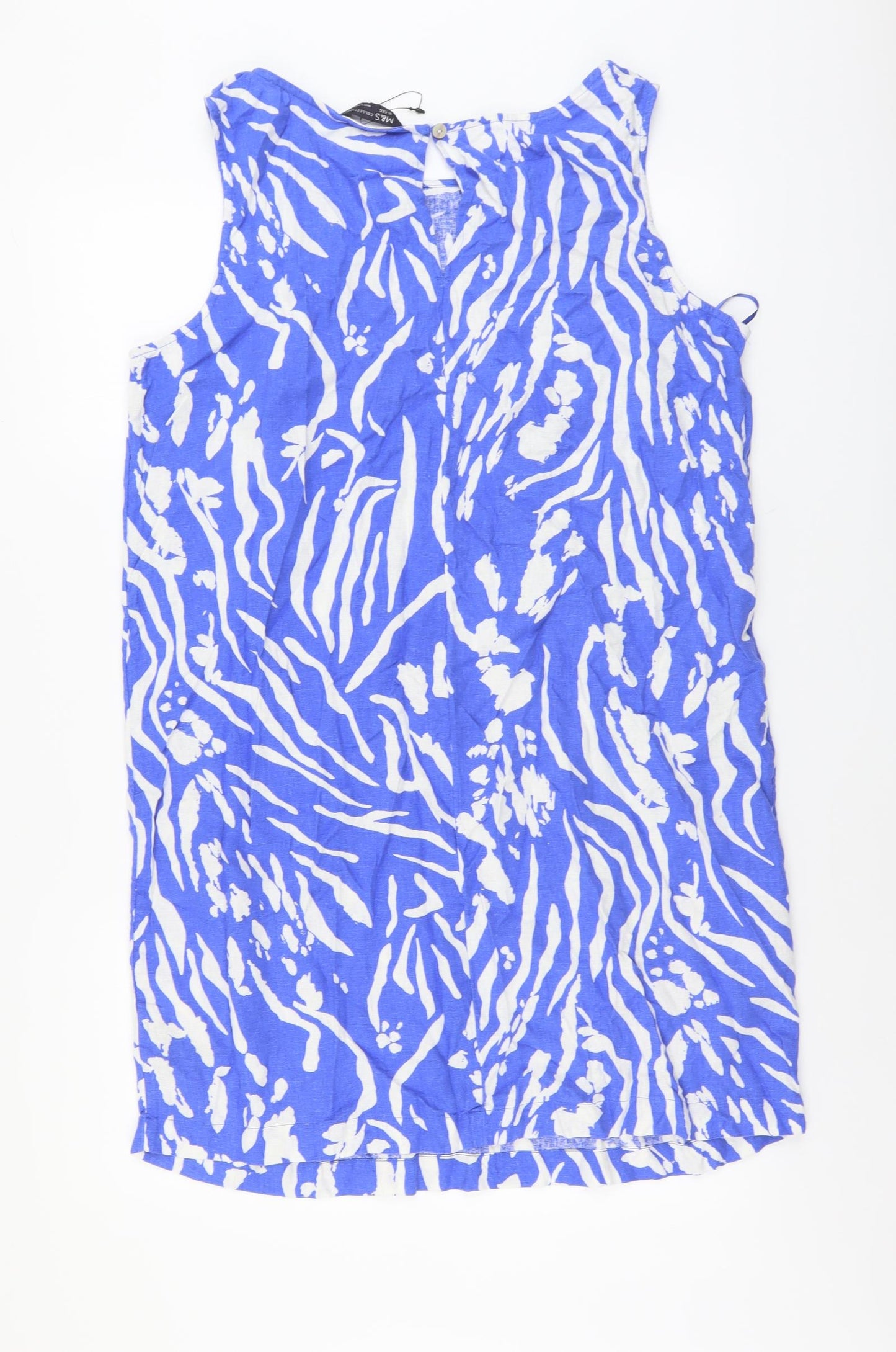 Marks and Spencer Womens Blue Geometric Linen A-Line Size 16 Round Neck Button