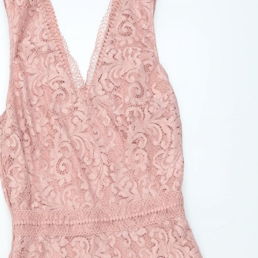 Dorothy Perkins Womens Pink Polyester A-Line Size 12 V-Neck Zip - Lace