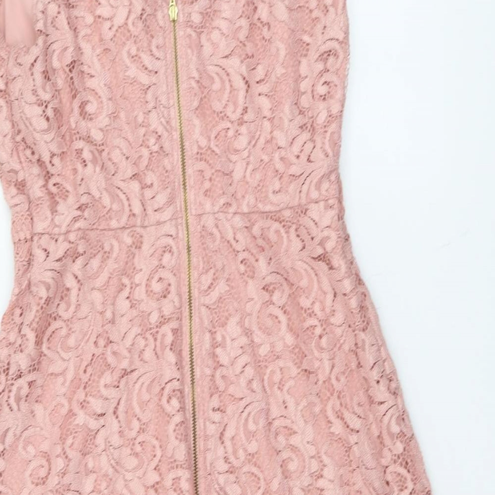 Dorothy Perkins Womens Pink Polyester A-Line Size 12 V-Neck Zip - Lace