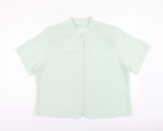Front view of Tiffany women’s green polyester basic button-up, size UK 20, v-neck