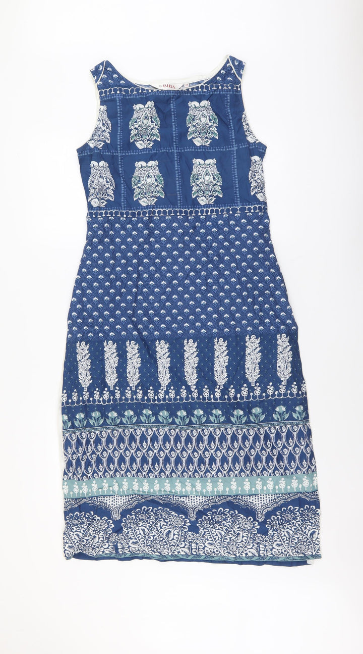 Biba Womens Blue Geometric Cotton Sheath Size XS Round Neck Pullover