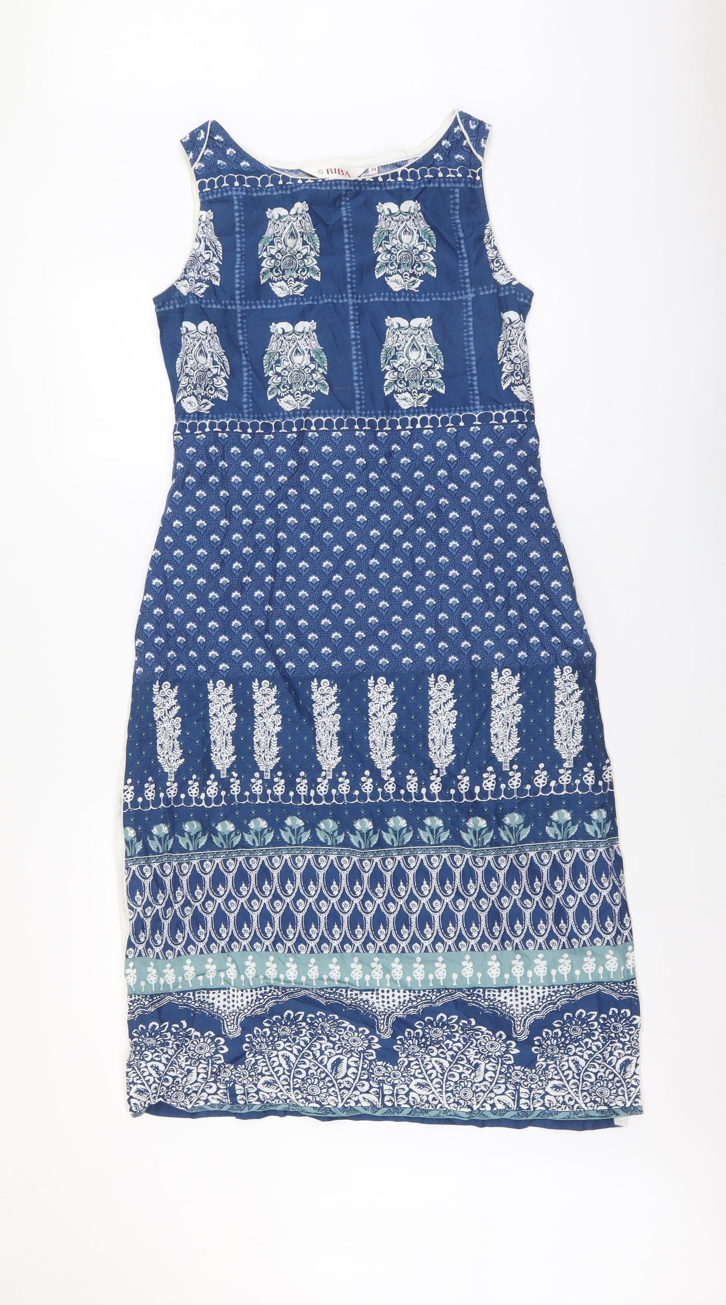 Biba Womens Blue Geometric Cotton Sheath Size XS Round Neck Pullover