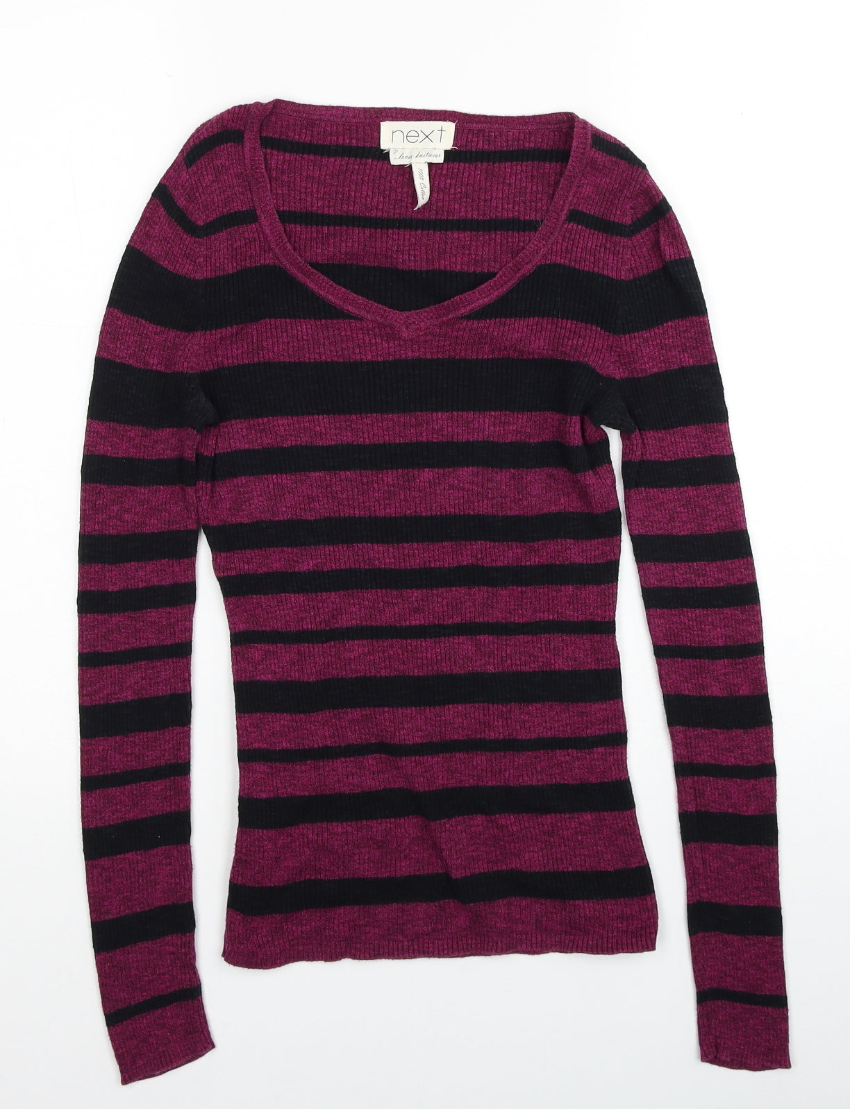 NEXT Womens Purple V-Neck Striped Cotton Pullover Jumper Size 10