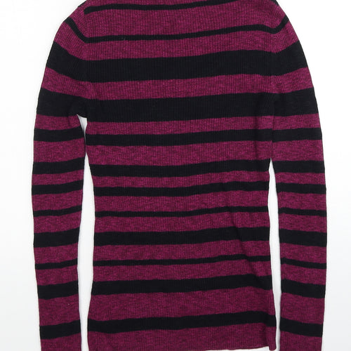 NEXT Womens Purple V-Neck Striped Cotton Pullover Jumper Size 10