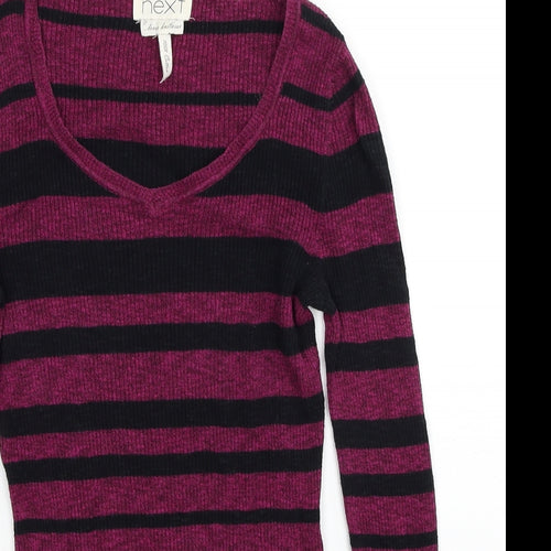 NEXT Womens Purple V-Neck Striped Cotton Pullover Jumper Size 10