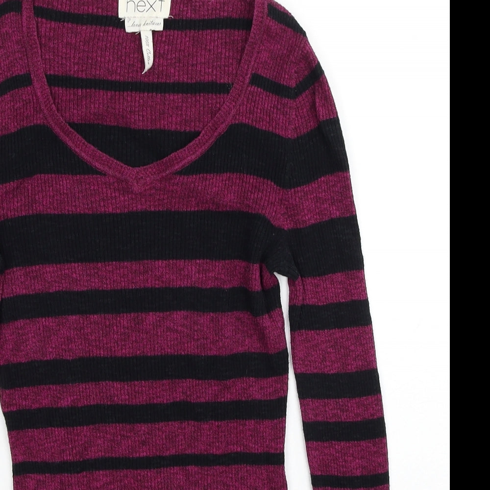 NEXT Womens Purple V-Neck Striped Cotton Pullover Jumper Size 10