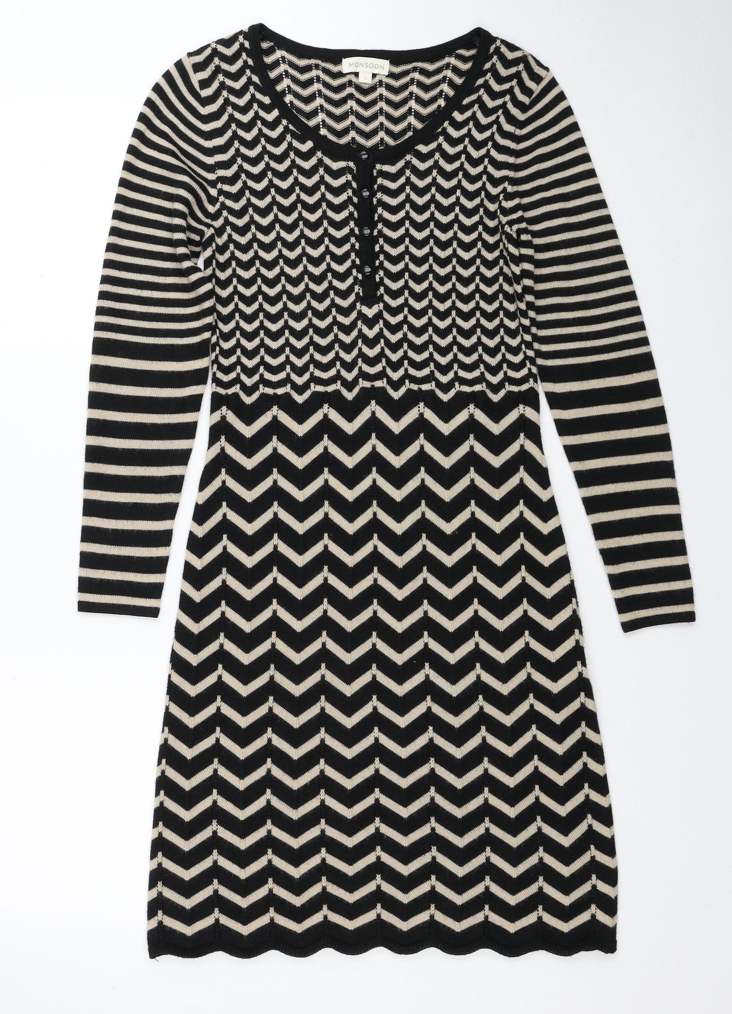 Monsoon Womens Black Geometric Acrylic Jumper Dress Size S Round Neck Button