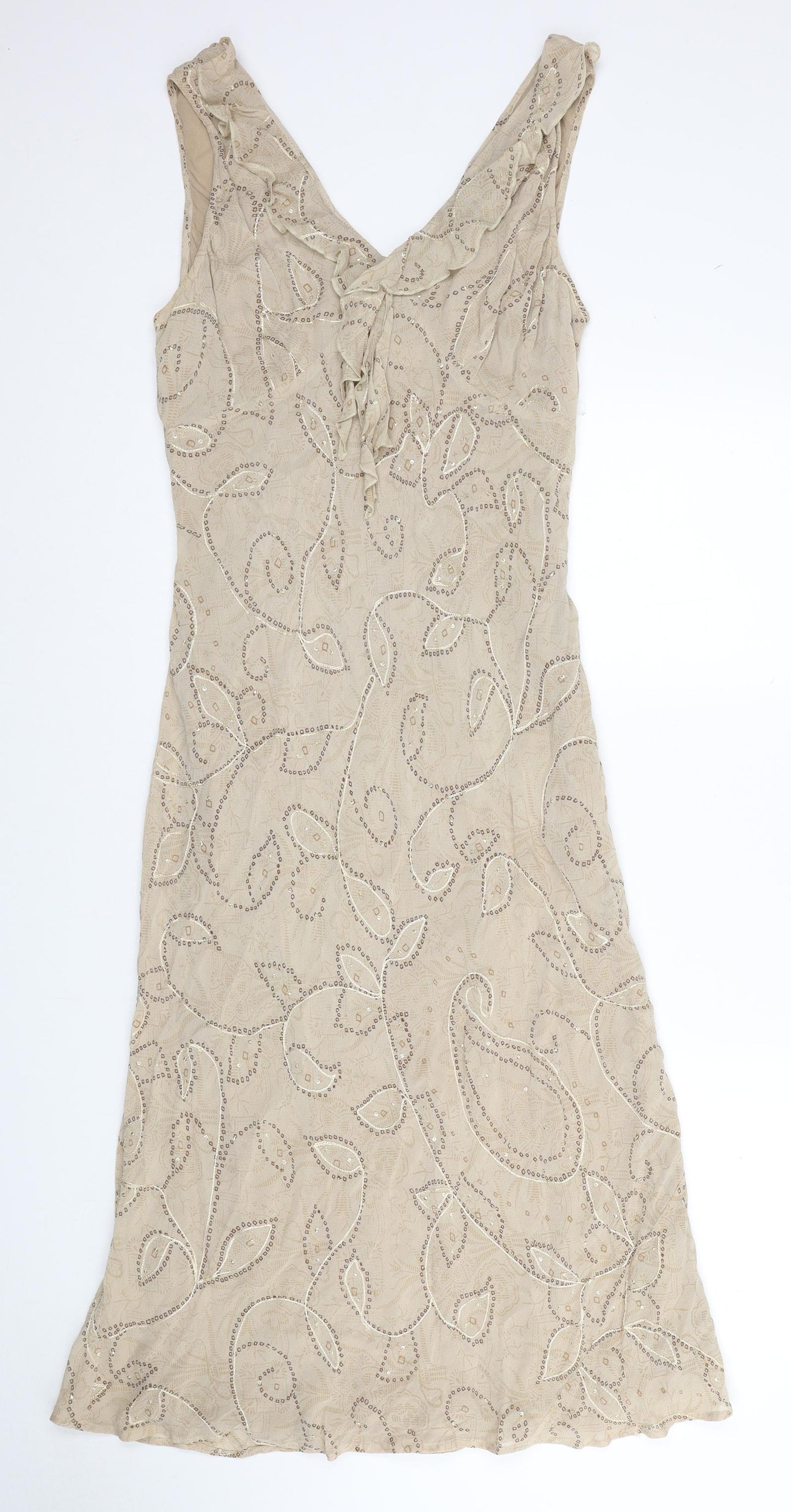 Preworn Womens Beige Geometric Viscose Trapeze & Swing Size 14 V-Neck Pullover