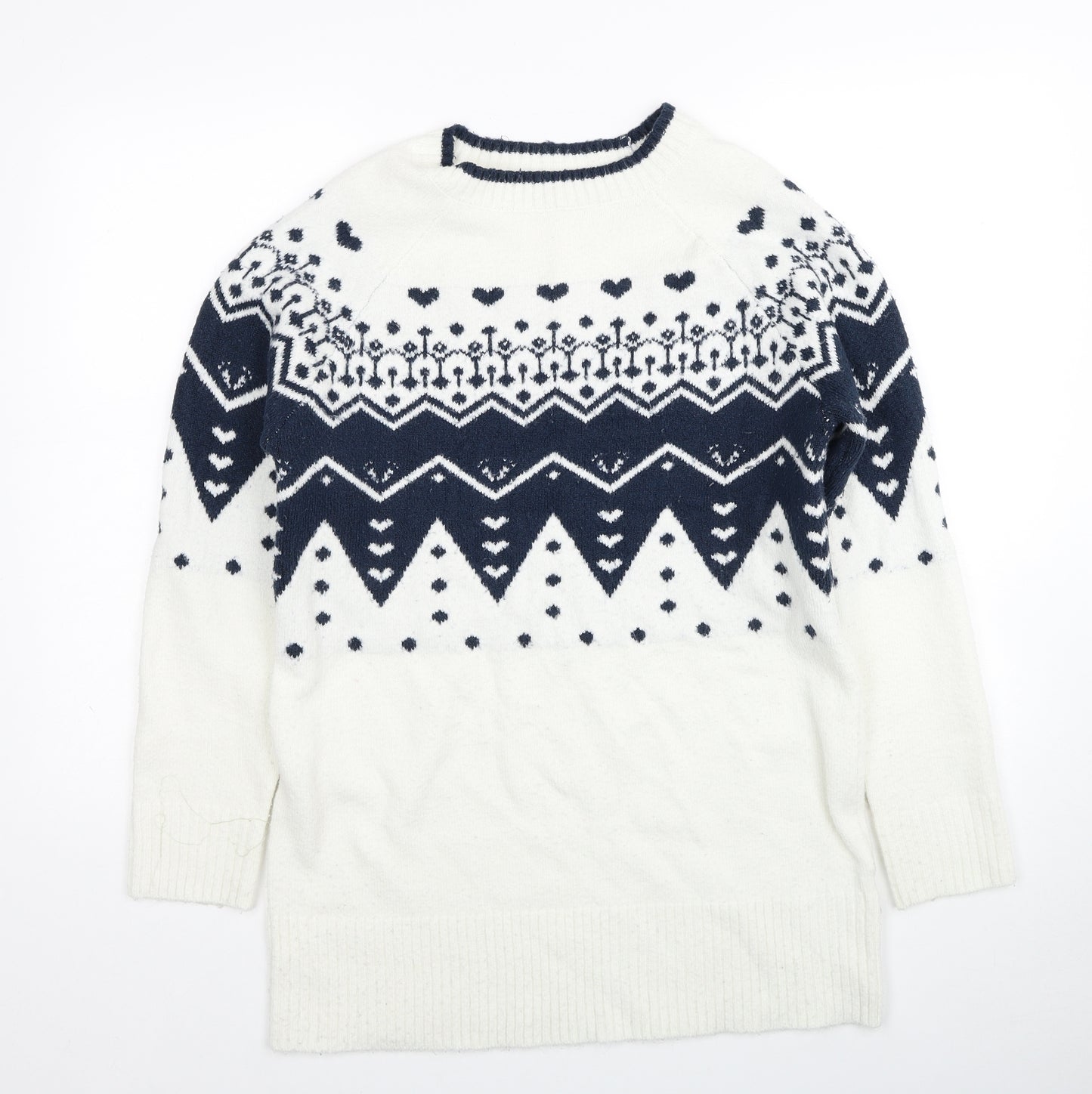 Preworn Womens White Round Neck Fair Isle Acrylic Pullover Jumper Size 10
