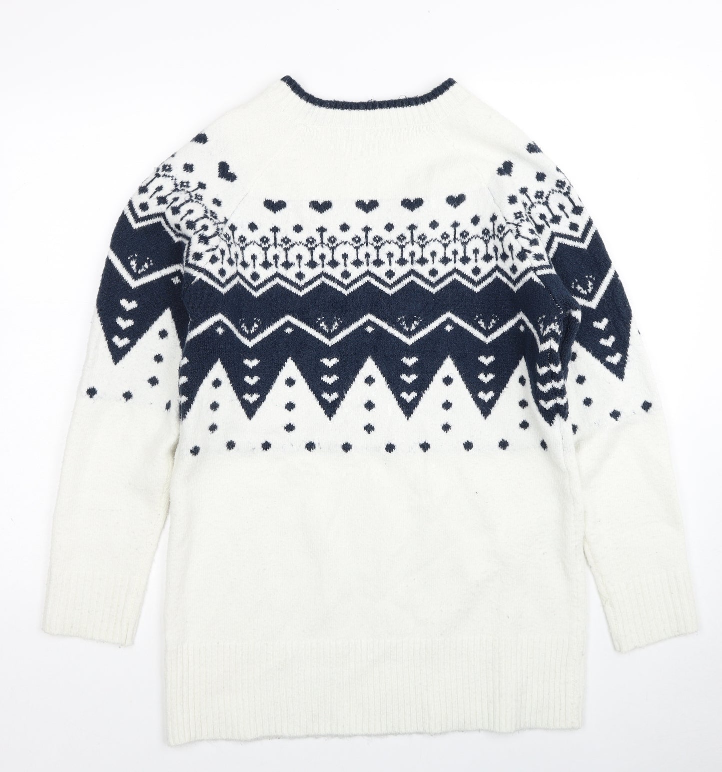 Preworn Womens White Round Neck Fair Isle Acrylic Pullover Jumper Size 10
