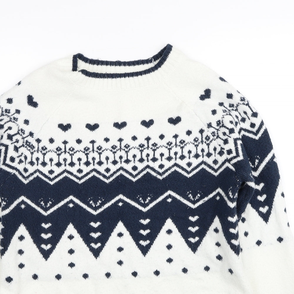Preworn Womens White Round Neck Fair Isle Acrylic Pullover Jumper Size 10