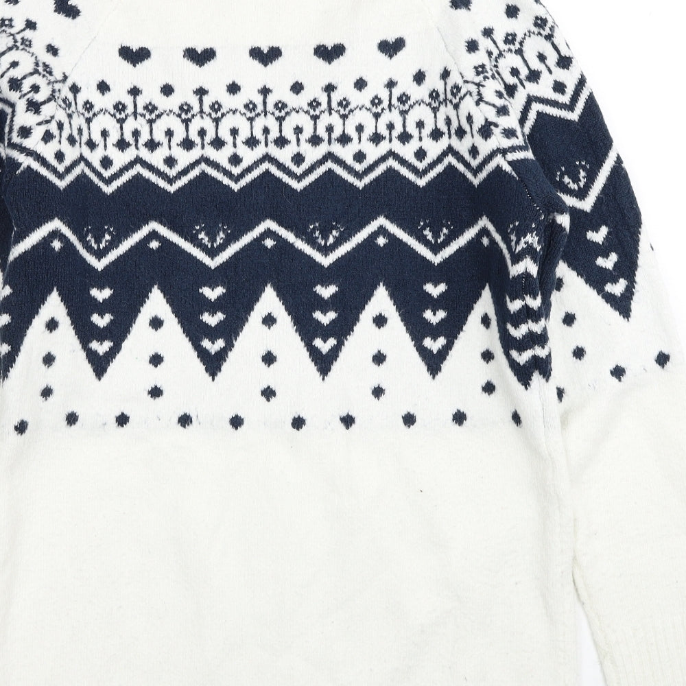Preworn Womens White Round Neck Fair Isle Acrylic Pullover Jumper Size 10