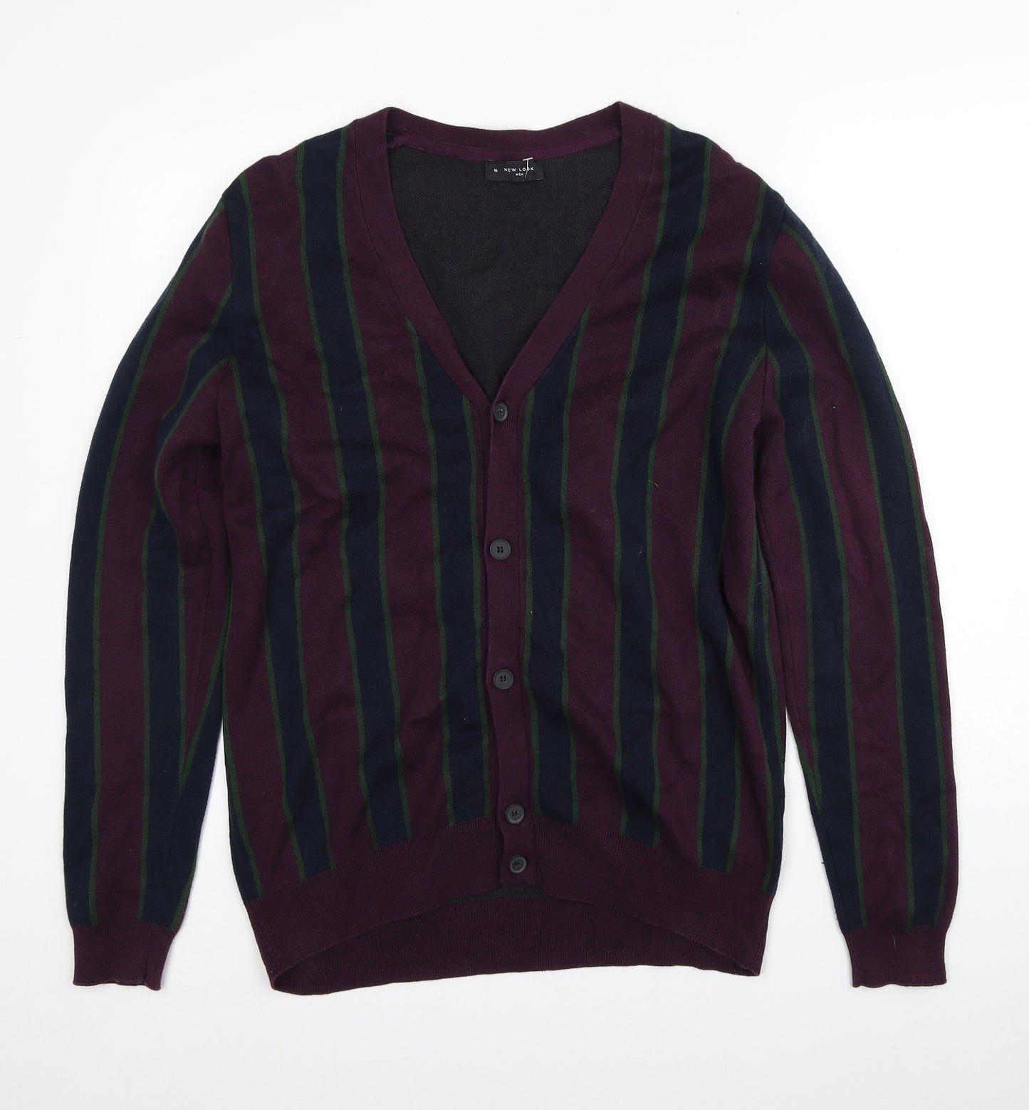 New Look Mens Purple V-Neck Striped Cotton Cardigan Jumper Size M Long Sleeve