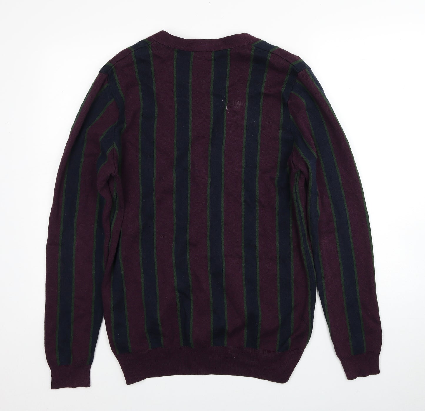 New Look Mens Purple V-Neck Striped Cotton Cardigan Jumper Size M Long Sleeve