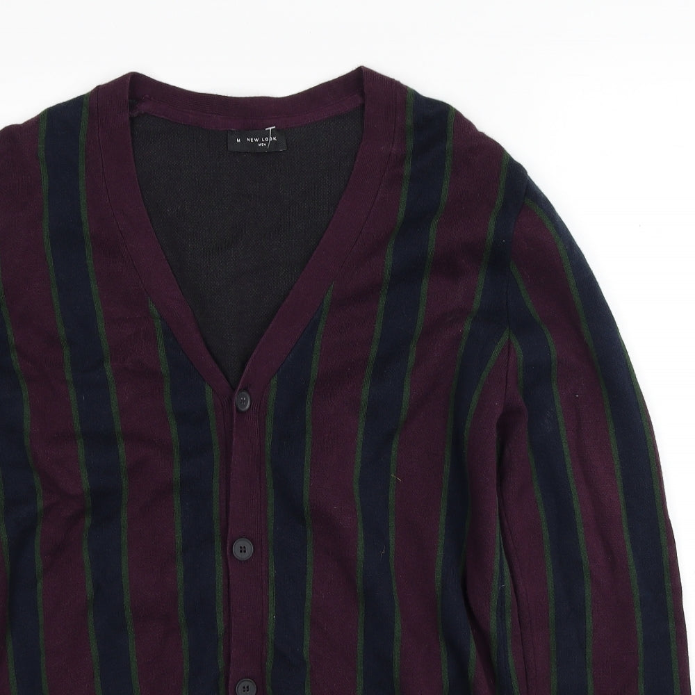 New Look Mens Purple V-Neck Striped Cotton Cardigan Jumper Size M Long Sleeve