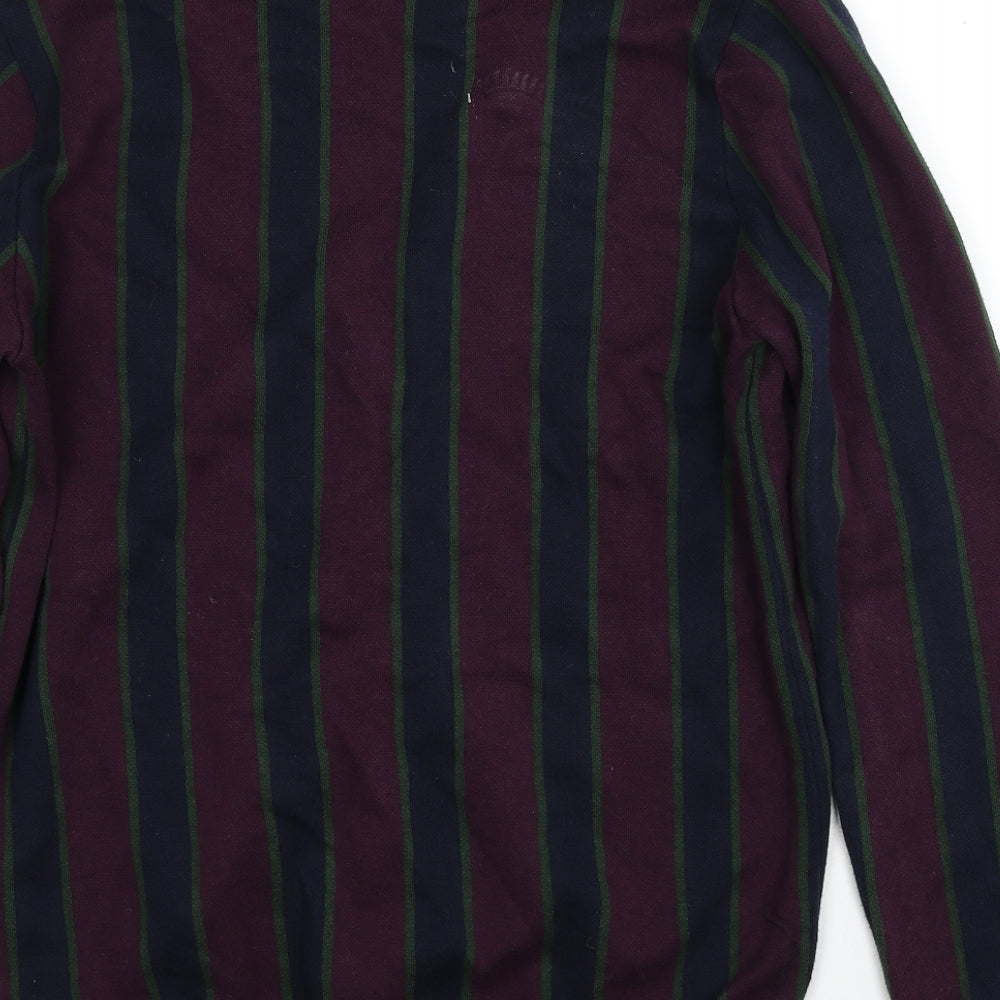 New Look Mens Purple V-Neck Striped Cotton Cardigan Jumper Size M Long Sleeve