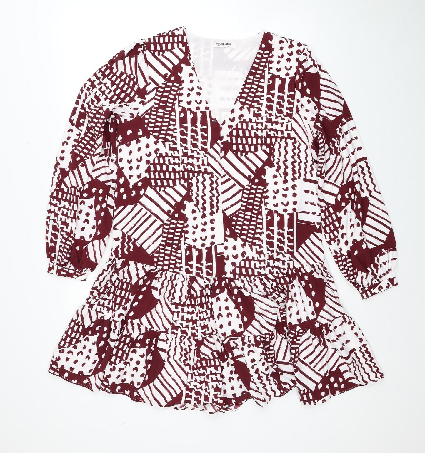 Glamorous Womens Red Geometric Polyester A-Line Size 8 V-Neck Pullover