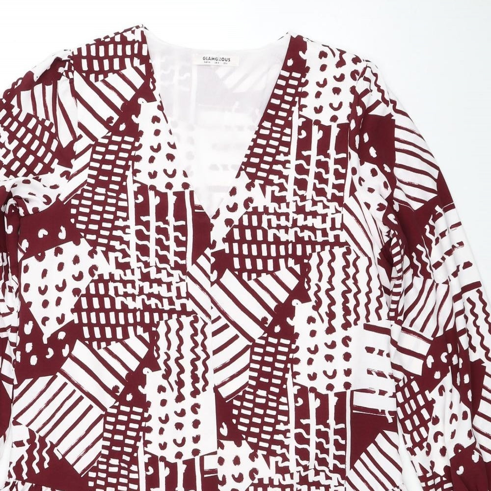 Glamorous Womens Red Geometric Polyester A-Line Size 8 V-Neck Pullover
