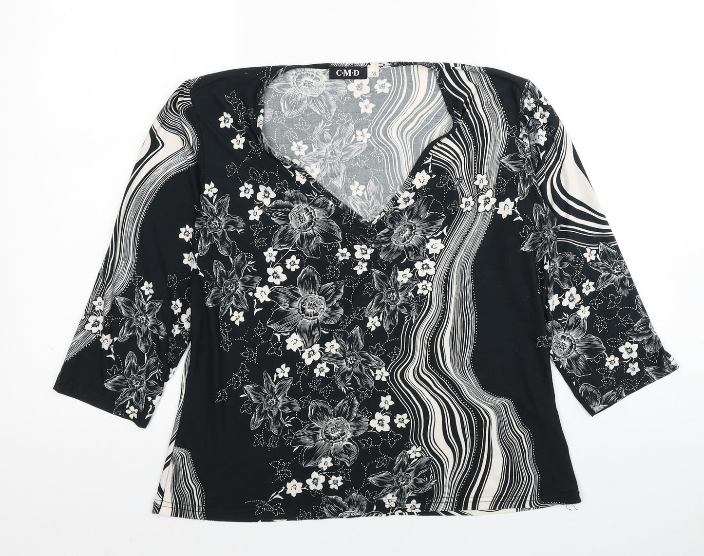 C.M.D Womens Black Floral Polyester Basic Blouse Size M V-Neck